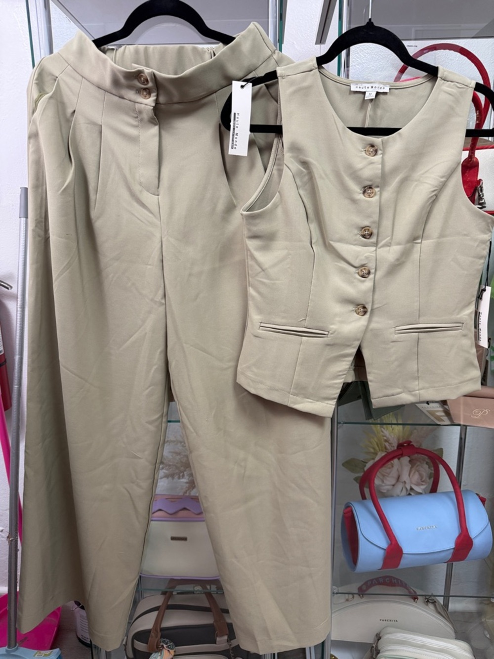 Haute Monde Beige Two-Piece Vest & Wide-Leg Trousers